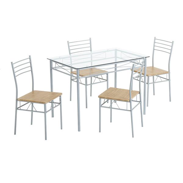 [110 x 70 x 76cm] Iron Glass Dining Table and Chairs Silver One Table and Four Chairs MDF Cushion