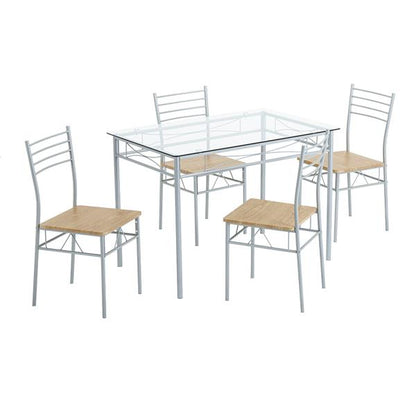 [110 x 70 x 76cm] Iron Glass Dining Table and Chairs Silver One Table and Four Chairs MDF Cushion