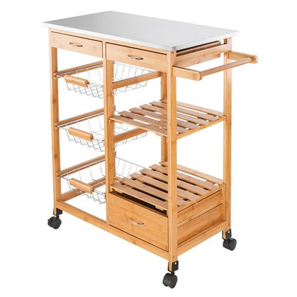 Moveable Kitchen Cart with Stainless Steel Table Top & Three Drawers & Three Baskets Burlywood